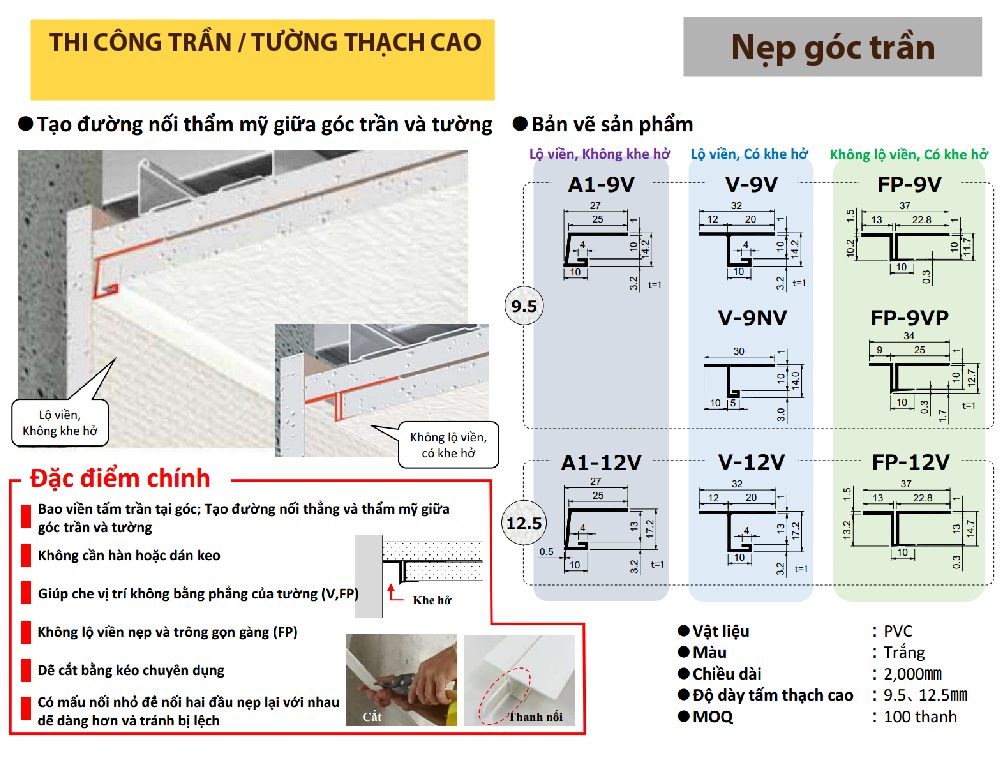 nẹp nhựa góc trần thạch cao mikiri fukuvi nhật bản a1-9v a1-12v v-9v fp-9v v-9nv fp-9vp v-12v fp-12v thi công trần tường vách thạch cao chống nứt tạo thẩm mỹ; 