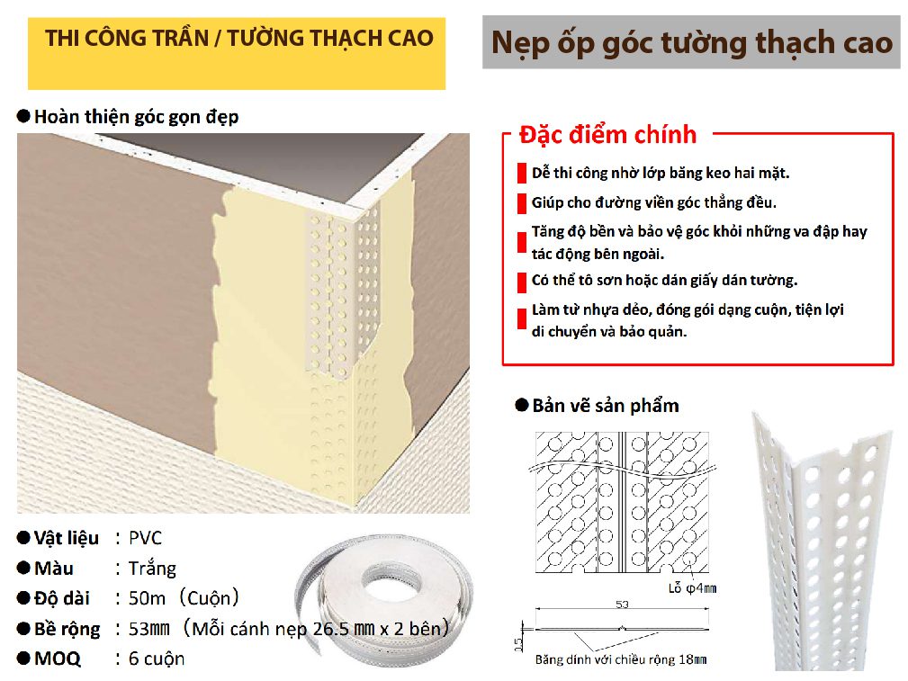 nẹp nhựa ốp góc tường thạch cao fukuvi nhật bản corner bead-b 53tv thi công trần tường vách thạch cao chống nứt tạo thẩm mỹ; 