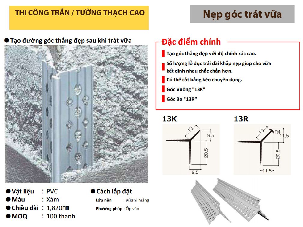 nẹp nhựa trát vữa tường thạch cao fukuvi nhật bản corner bead-m 13k 13r thi công trần tường vách thạch cao chống nứt tạo thẩm mỹ; 